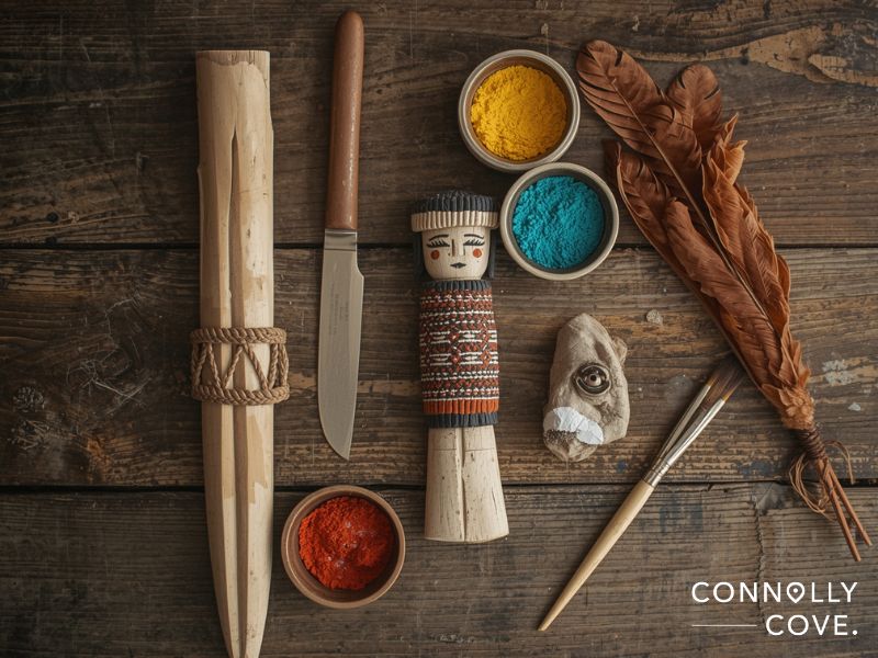 A handmade Hopi kachina doll, a knife, three bowls of colorful powder, feathers, a brush, a carved wooden stick, and a small stone sit on a rustic wooden surface with Connolly Cove written in the corner.