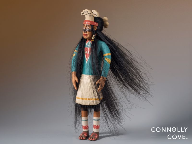A traditional Hopi kachina doll with long black hair, painted face, turquoise top, cream skirt, and feathered headdress stands on display. CONNOLLY COVE is written in the bottom right corner.