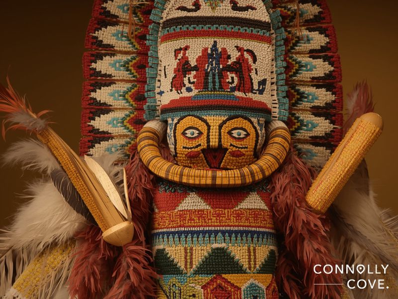 A colorful, intricately beaded Native American headdress inspired by Hopi culture features geometric patterns, feathers, and a detailed face mask. It is displayed against a brown background, with "Connolly Cove" text in the corner.