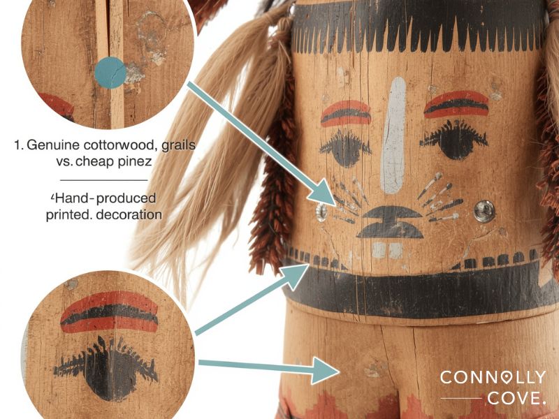 Close-up of a wooden figure inspired by Hopi dolls, with arrows highlighting genuine cottonwood and hand-produced decorations. The figure features painted facial details and hair, plus descriptive text and the Connolly Cove logo.