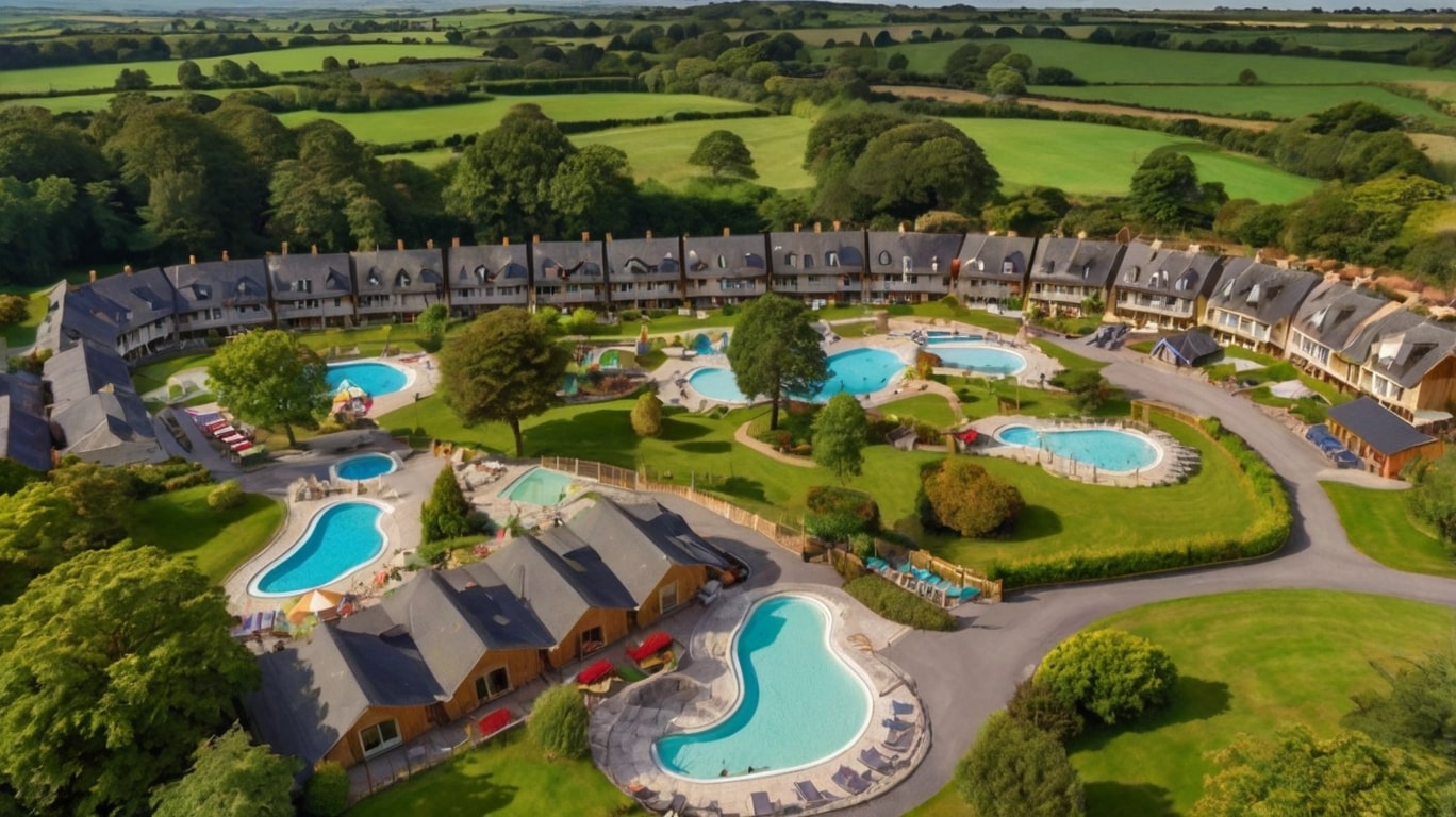 holiday parks in Ireland Aerial view of a large holiday park with several outdoor swimming pools, green lawns, trees, and rows of cottages set amid rolling countryside—one of the most scenic holiday parks in Ireland.