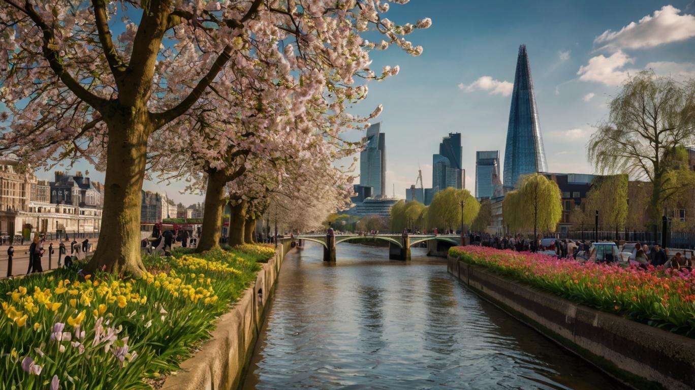 A canal lined with blooming cherry trees and tulips runs through a city with modern skyscrapers, capturing the charm of London during springtime. People stroll along the tree-lined paths beneath a clear blue sky.