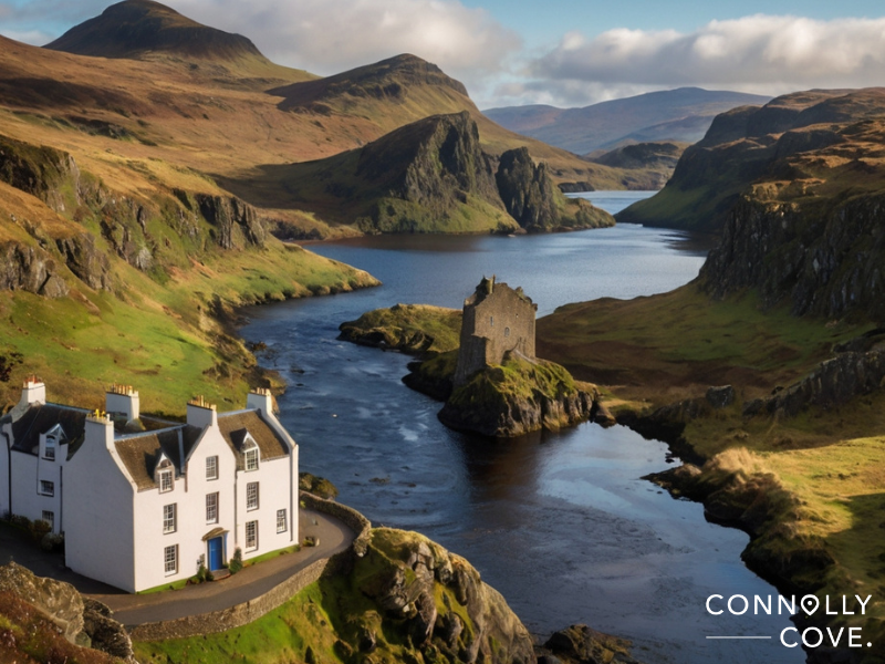 Travel Tips for Scotland
A white house with a blue door sits by a winding river in a lush, green Scottish valley, with a ruined stone castle on a small island and rolling hills beyond—a perfect scene for Travel Tips for Scotland adventurers.