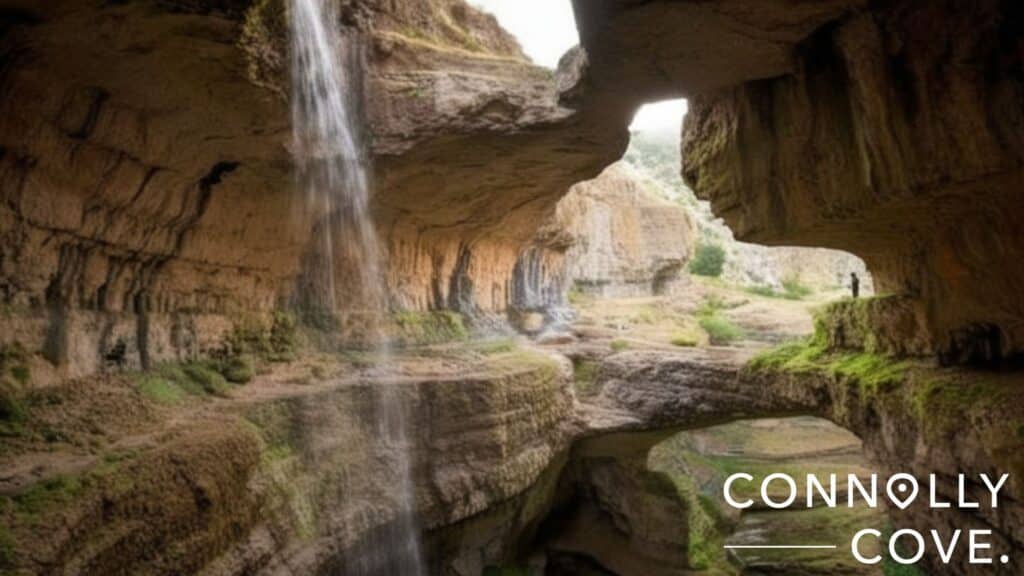 A large cave with a waterfall streams down through a natural opening, surrounded by layered rock formations and greenery; a person stands on a ledge holding the Lebanese flag. "Connolly Cove" watermark is visible.