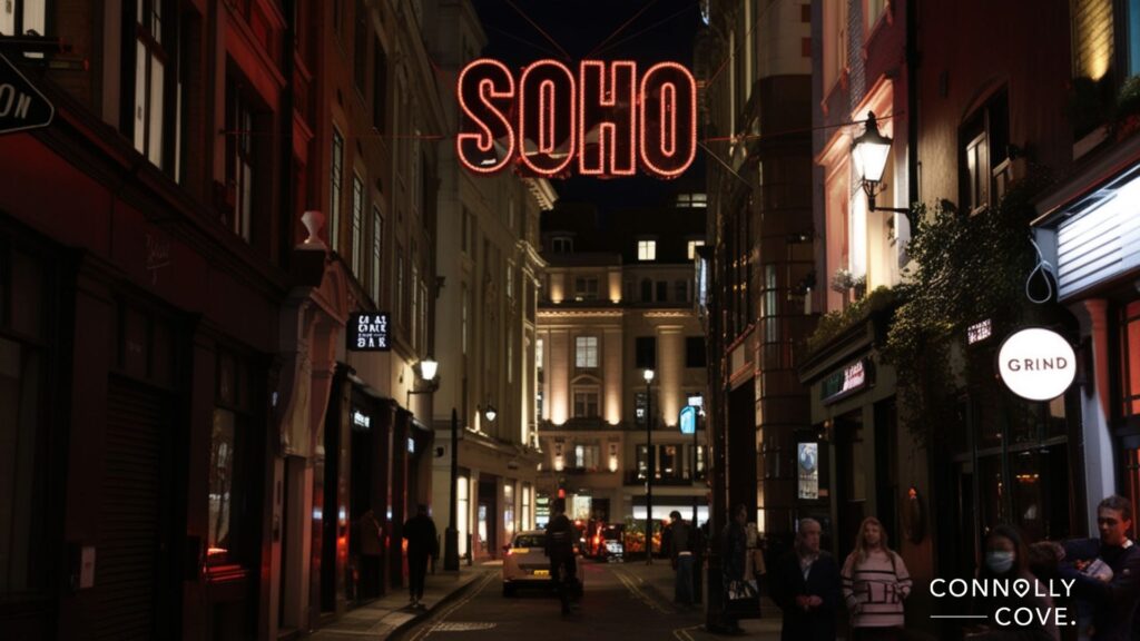 A nighttime street scene in Soho, London, with a neon SOHO sign above, lit shopfronts, pedestrians, and a yellow car in the background. The vibrant London nightlife creates a lively urban atmosphere.