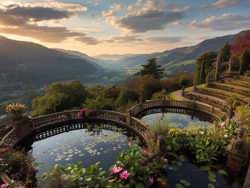 Panoramic view of Bodnant Gardens' Italianate Terraces overlooking Conwy Valley and Snowdonia mountains in North Wales