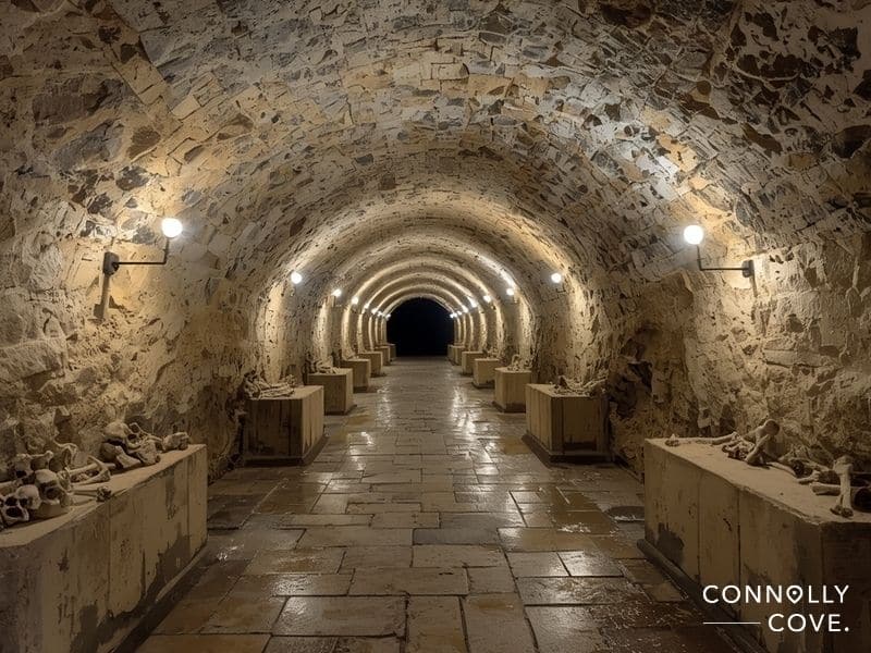 Empty limestone quarry tunnels in the Paris Catacombs before the ossuary entrance
