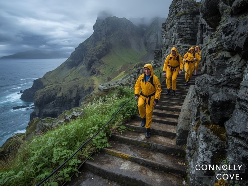 Visitors climbing the 618 steep stone steps to the monastic settlement on Skellig Michael, showing the challenging terrain