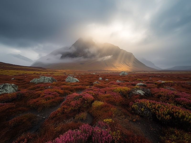 Scottish Highlands landscape with misty mountains and heather moorland, representing iconic Outlander filming locations