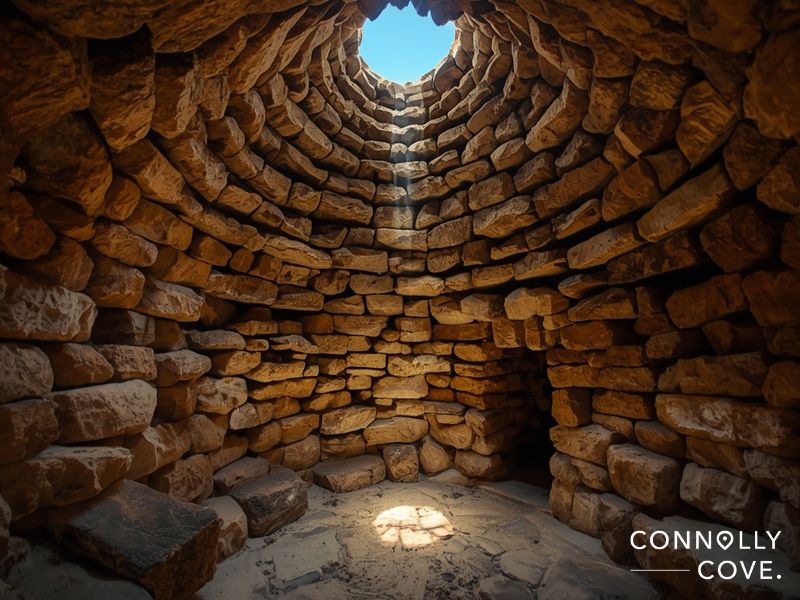 Interior of a 1,200-year-old beehive hut on Skellig Michael showing the corbelled stone ceiling construction technique