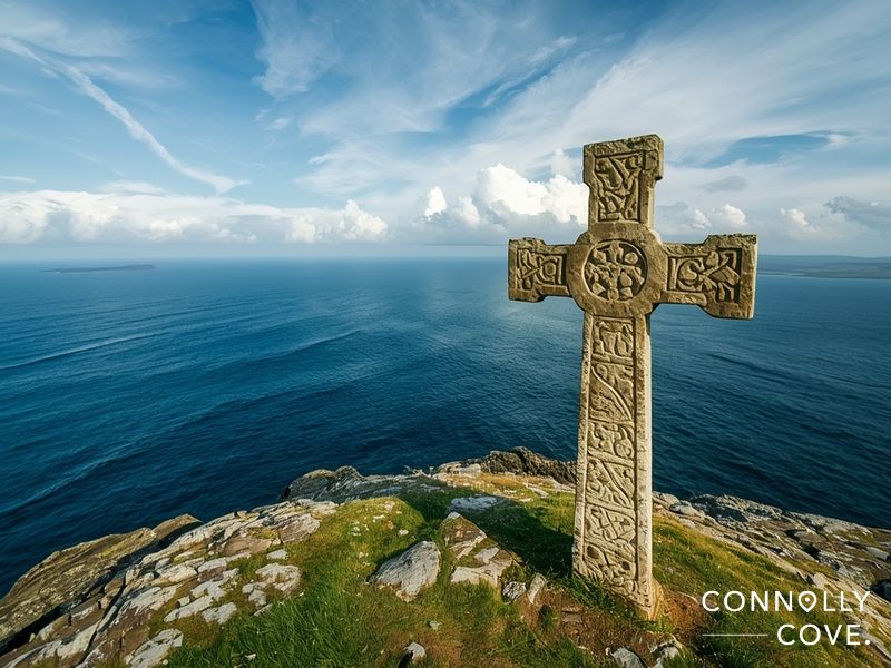 Ancient stone cross at the South Peak of Skellig Michael with the Atlantic Ocean stretching to the horizon