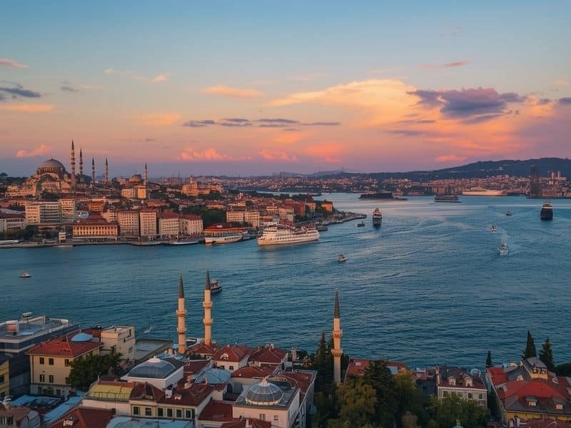 Istanbul skyline spanning Europe and Asia across the Bosphorus strait, showcasing Turkey's transcontinental appeal