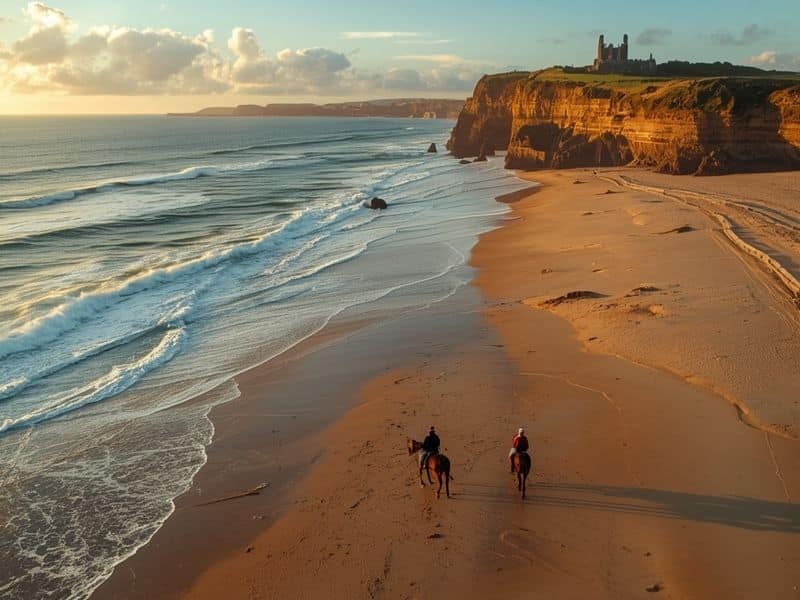 Horseback riders galloping on Benone Beach Northern Ireland with Mussenden Temple on cliffs