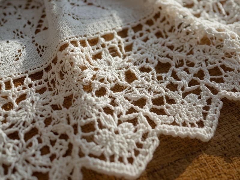 Close-up of traditional Irish lace showing intricate floral patterns and delicate threadwork