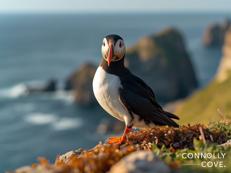 A puffin stands on a grassy, seaweed-covered cliff edge on Skellig Michael with a blurred view of rocky cliffs and the ocean in the background. The Connolly Cove logo appears in the bottom right corner.