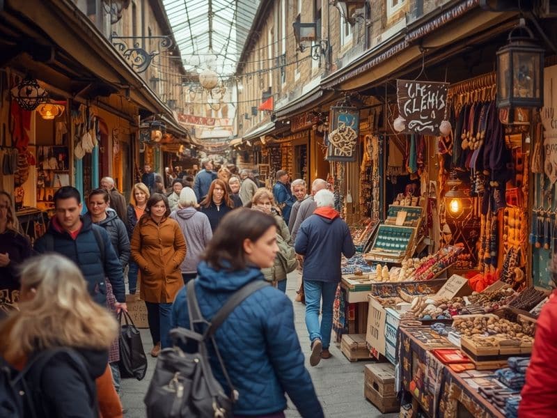 Vibrant Irish craft market with vendors displaying handmade pottery, textiles and local crafts while shoppers browse colourful stalls