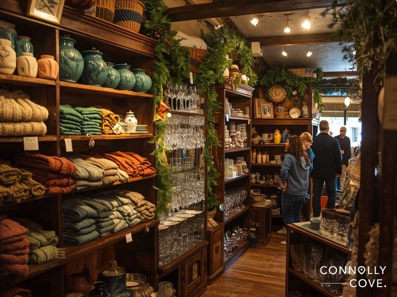 Traditional Irish craft shop interior displaying authentic handmade Aran sweaters and pottery