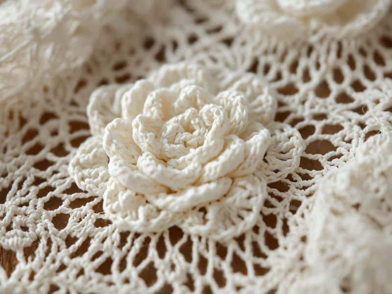 Irish lace making featuring three-dimensional crochet rose motif with raised petals and Clones Knots