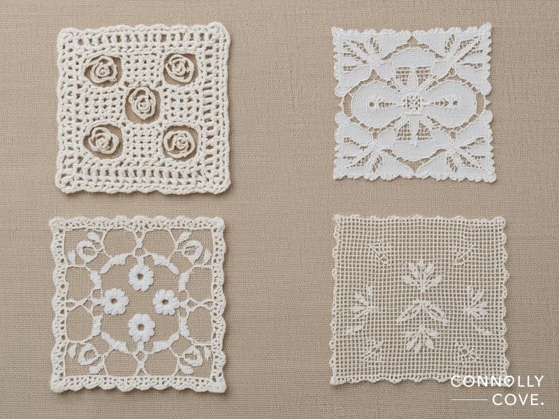 Comparison of four Irish lace making styles: Clones crochet, Carrickmacross appliqué, Limerick embroidered lace, and Kenmare needlepoint