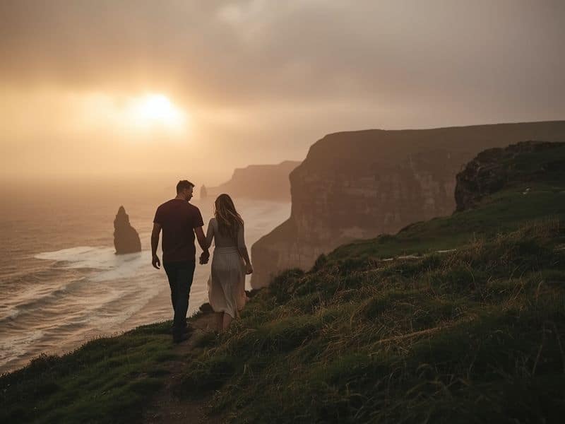 Couple enjoying romantic honeymoon Ireland walk along dramatic coastal cliffs at sunset