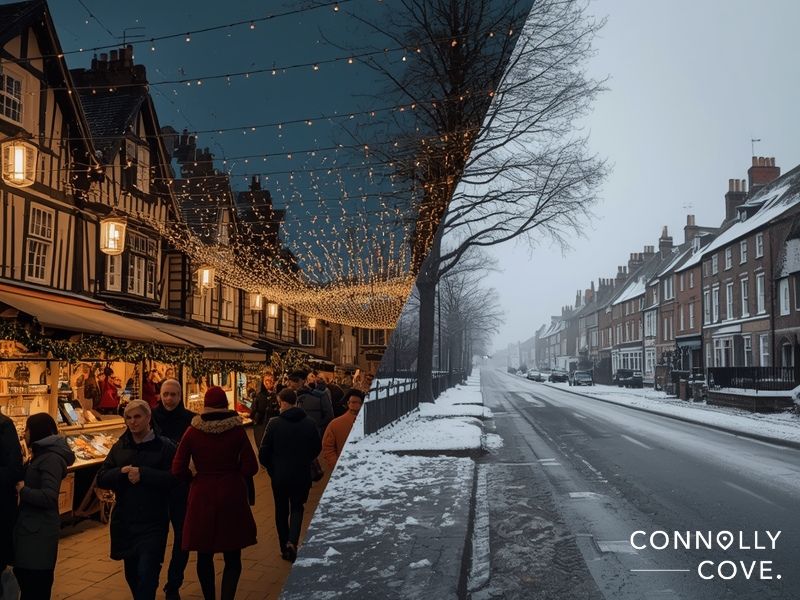 Comparison of winter UK villages in festive December versus quiet January showing seasonal differences