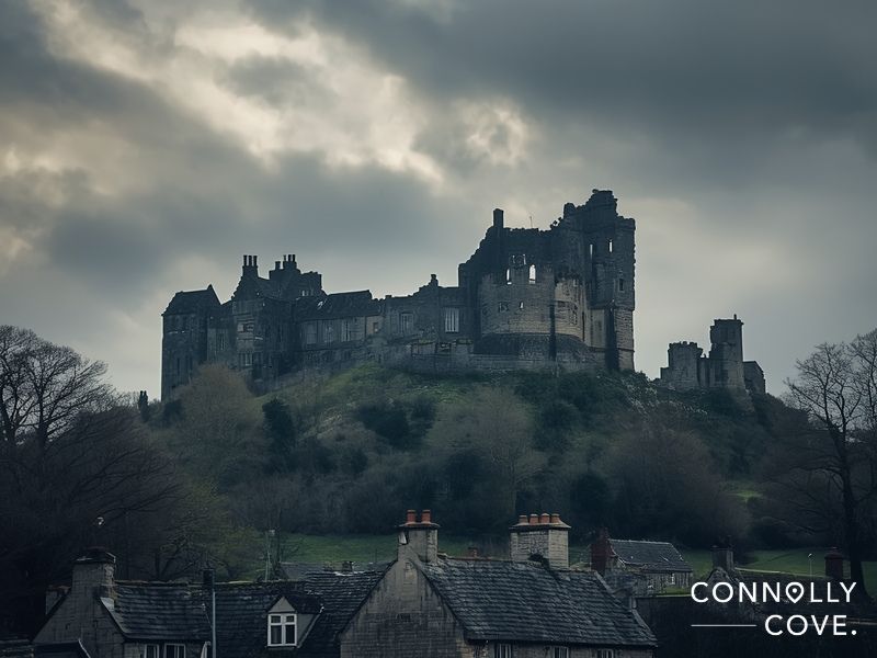 Corfe Castle Dorset ruins in winter with mist and dramatic grey skies above village