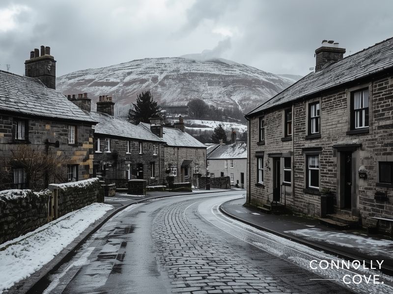 Dent Cumbria village with cobblestone street and snow-covered Yorkshire Dales in winter