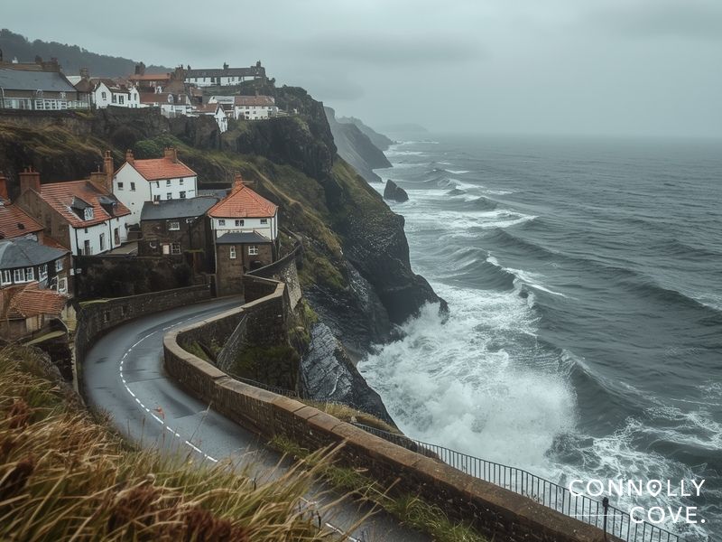 Robin Hood's Bay Yorkshire with red-roofed cottages on cliff and winter storm waves crashing