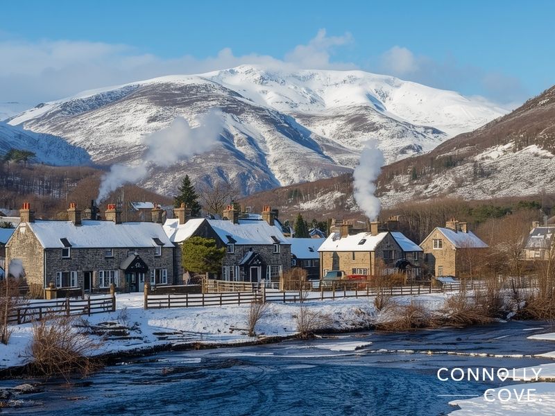 Braemar Aberdeenshire village with snow-covered Cairngorms mountains and granite buildings in winter