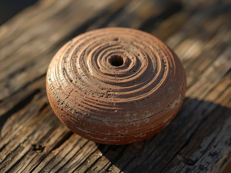 Ancient Irish spindle whorl showing worn grooves from traditional Irish weaving dating to medieval period