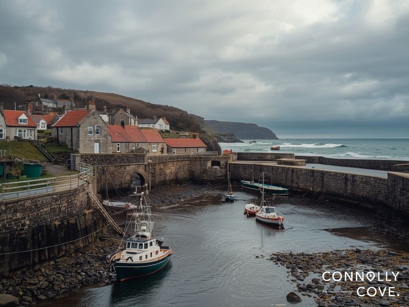 Crail Fife harbour in winter with red-roofed cottages and fishing boats