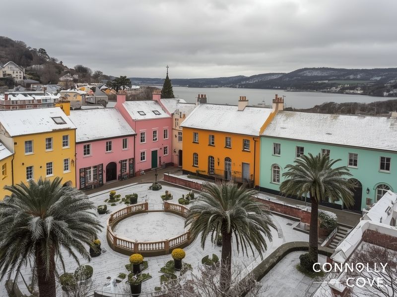 Portmeirion Gwynedd with colourful Italianate architecture and unusual winter palm trees
