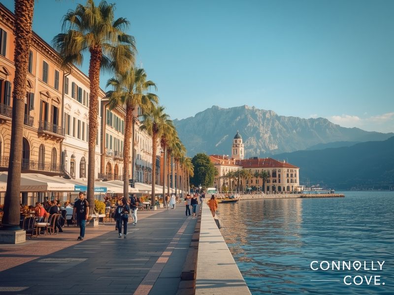 Lugano waterfront promenade with palm-lined lakeside and mountain backdrop in Swiss Ticino