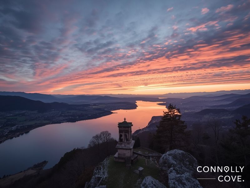 Sunset panoramic view from San Salvatore mountain showing Lake Lugano and Lombardy plain