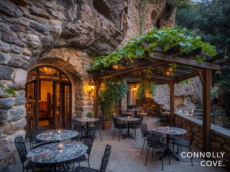 Authentic Ticinese grotto restaurant with stone tables and hillside setting representing local dining tradition