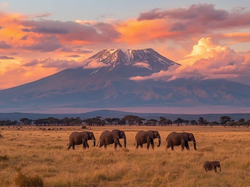 Things to do in Kenya elephants in Amboseli National Park with Mount Kilimanjaro