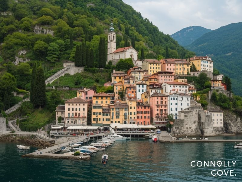 Morcote village crowned by Santa Maria del Sasso church cascading to Lake Lugano waterfront