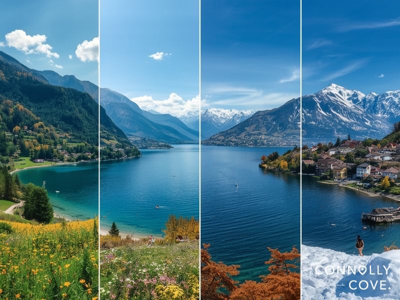 Four seasons around Lake Lugano showing spring flowers, summer activities, autumn colors, and winter mountain snow