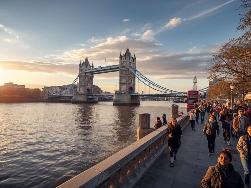 Tower Bridge spanning the River Thames at sunset with iconic red London bus and pedestrians on South Bank walkway