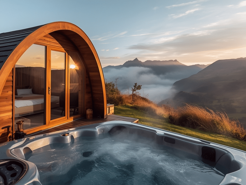 Luxury glamping pod with hot tub overlooking Snowdonia mountains in Wales