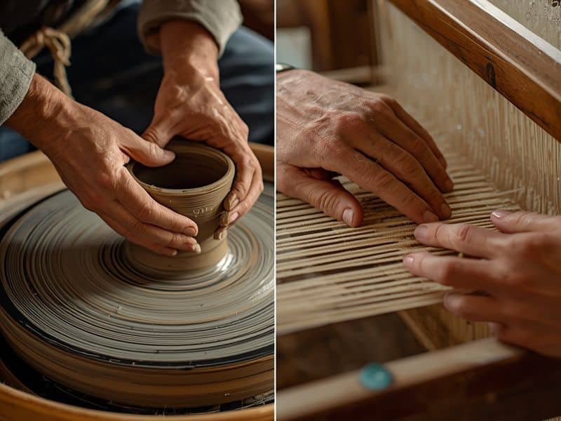 Close-up of artisan hands shaping clay on potter's wheel showing traditional craft techniques