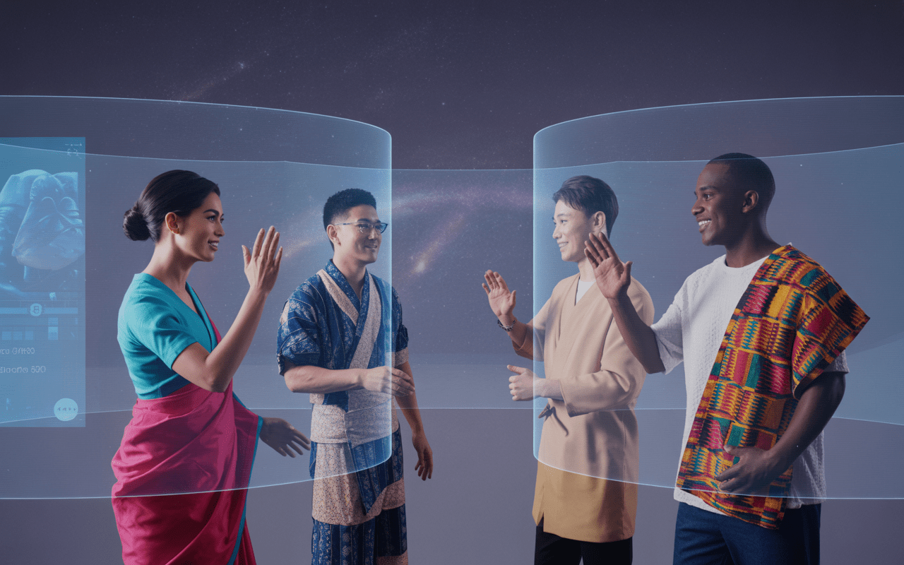 Four people in traditional clothing from diverse cultures stand in a circle, smiling and greeting each other with raised hands, surrounded by translucent virtual reality screens—an immersive scene of Virtual Cultural Exchanges. Virtual Cultural Exchanges Building Global Bridges