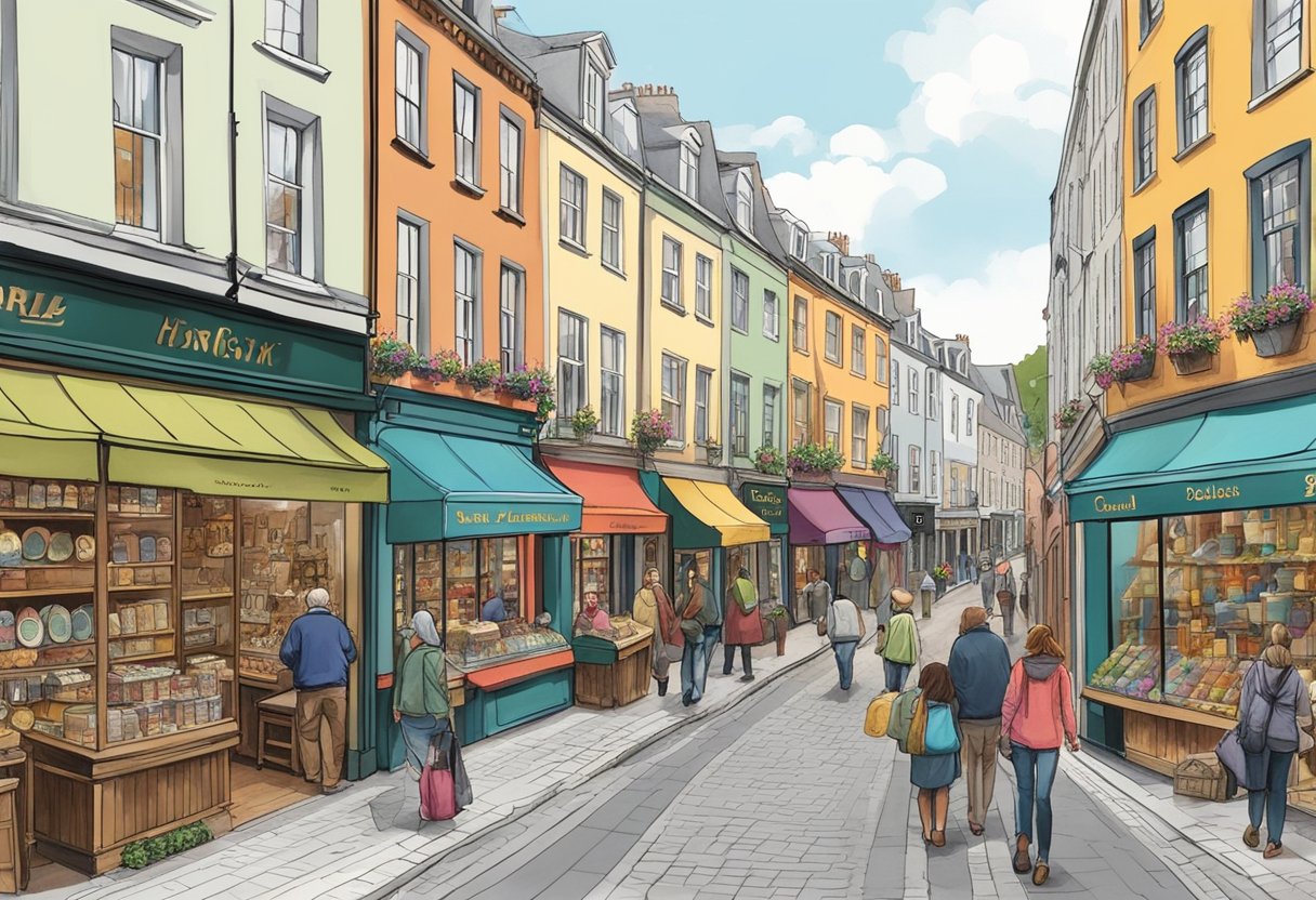 A bustling street in Cork, Ireland, lined with colorful craft retailers and galleries showcasing handmade goods. The storefronts are filled with intricate pottery, textiles, and other unique artisanal creations