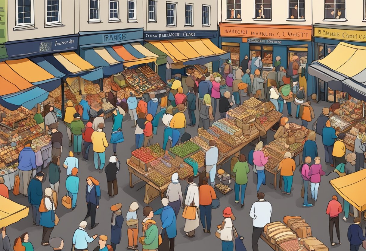 A bustling market with colorful handmade cork crafts on display, surrounded by enthusiastic shoppers and lively music in Cork, Ireland