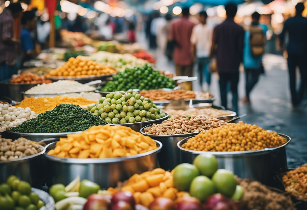 A bustling street market with colorful food stalls from around the world, each representing a different culture through its traditional street food