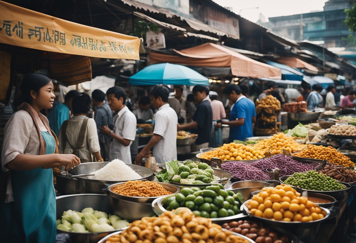 A bustling street market with colorful food stalls from around the world, each representing a unique culture through their traditional street food offerings
