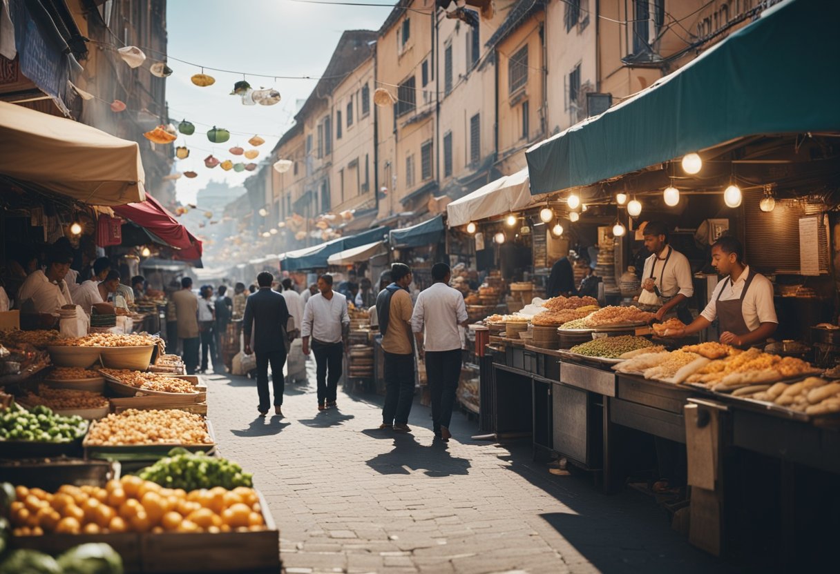 A bustling street market with colorful food stalls, aromatic spices, and diverse culinary traditions from around the world