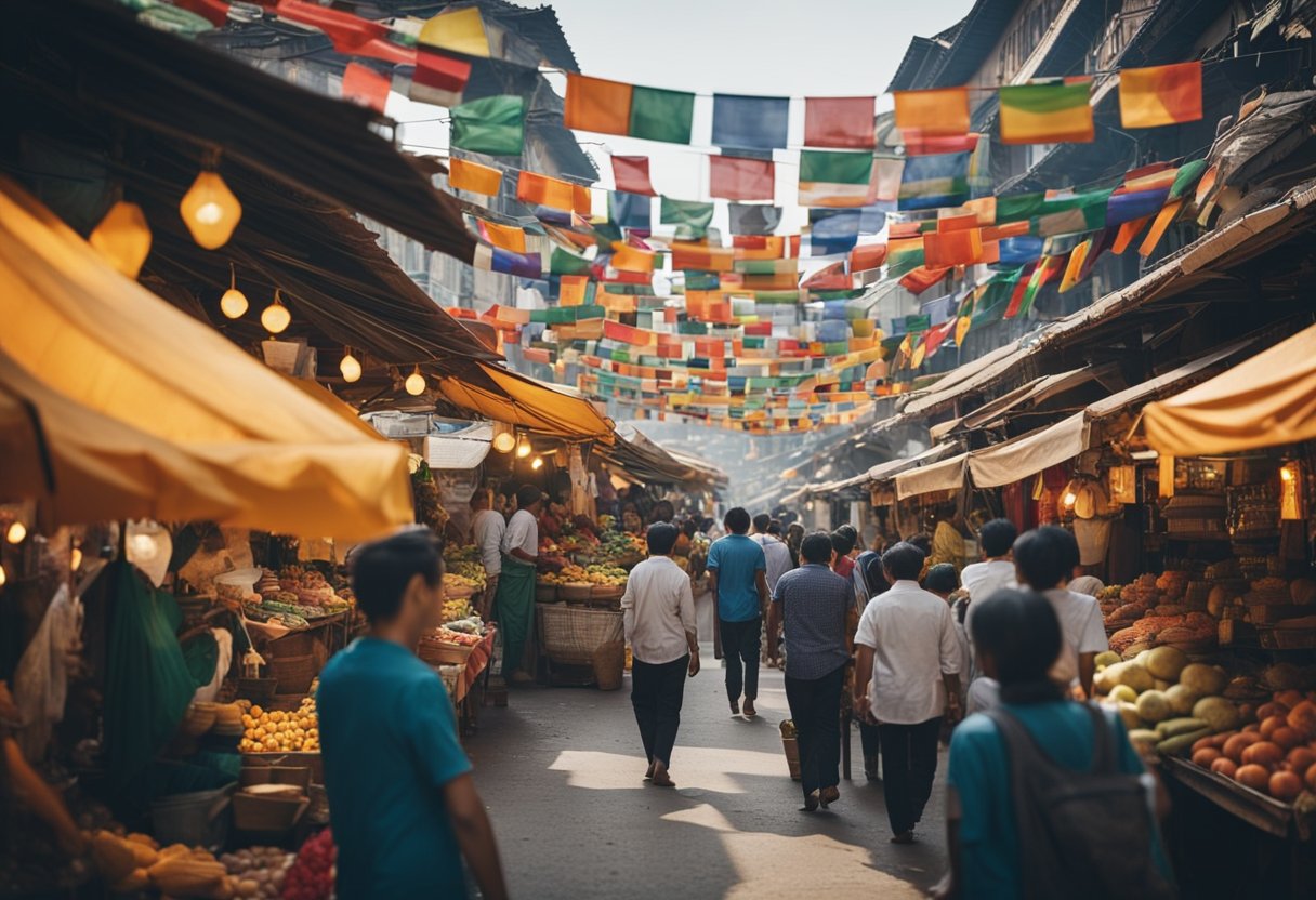 A bustling street market with diverse food stalls, each representing a different culture. Colorful banners and flags adorn the scene, creating a vibrant and lively atmosphere