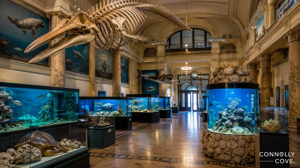 Natural history museum interior with aquarium tanks, a turtle, coral displays, marine animal models, and a large whale skeleton suspended from the ceiling. Marble pillars and ocean life murals line the spacious exhibition hall, evoking the immersive experience of the Aquarium Museum Alexandria.