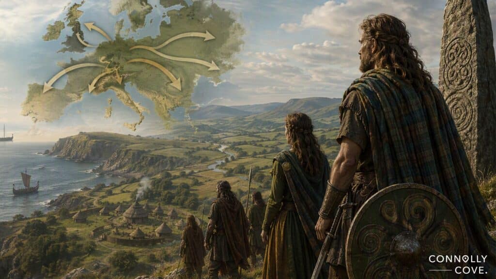 Several figures in ancient attire overlook a coastal village, with a ship arriving. Above, a map of Europe shows arrows indicating migration or movement paths—a visual journey through Celtic culture and the roots of Irish traditions. The scene is branded “Connolly Cove.”.